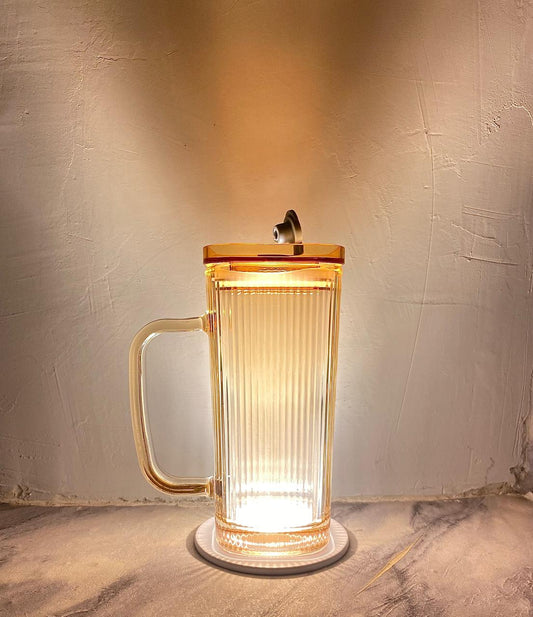 Amber glass water pitcher with lid- vintage- style ribbed jug.