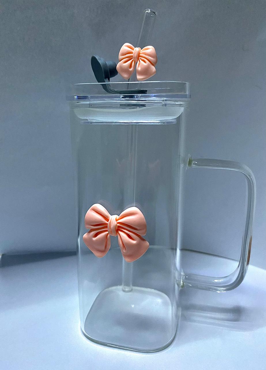 Aesthetic glass tumbler with pink bow.