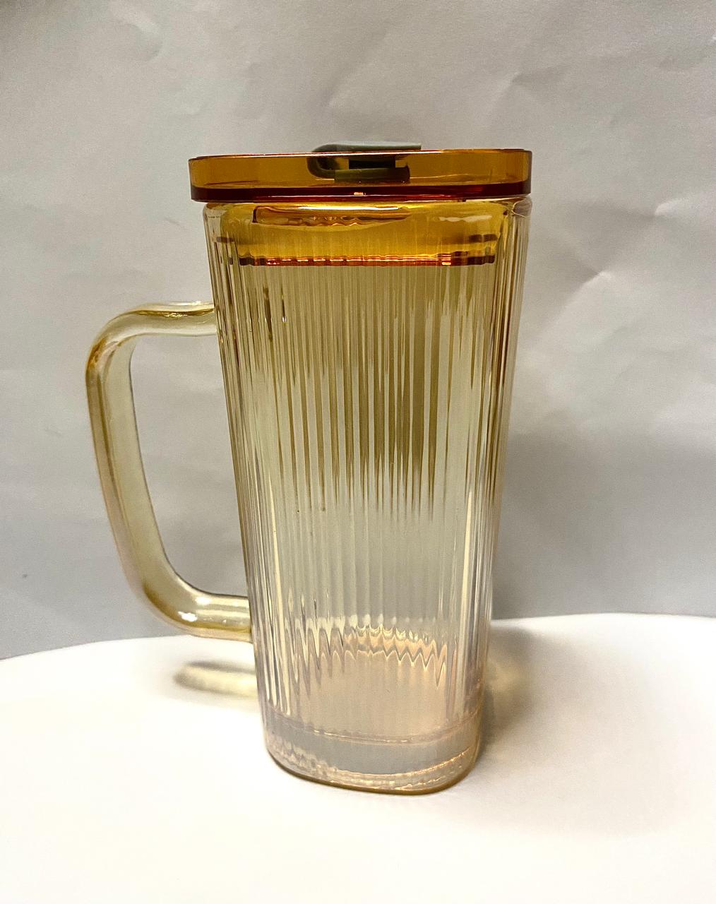 Amber glass water pitcher with lid- vintage- style ribbed jug.