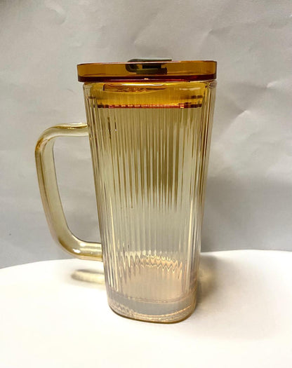 Amber glass water pitcher with lid- vintage- style ribbed jug.