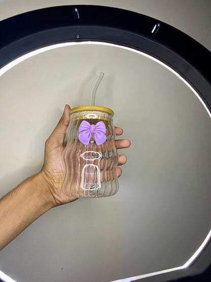 Elegant glass tumbler with bamboo lid and straw- purple bow design.