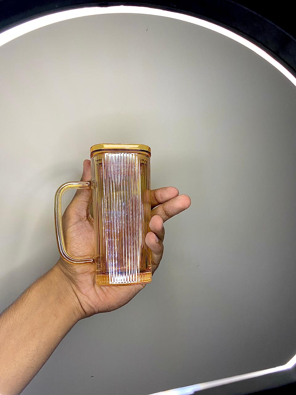 Amber glass water pitcher with lid- vintage- style ribbed jug.